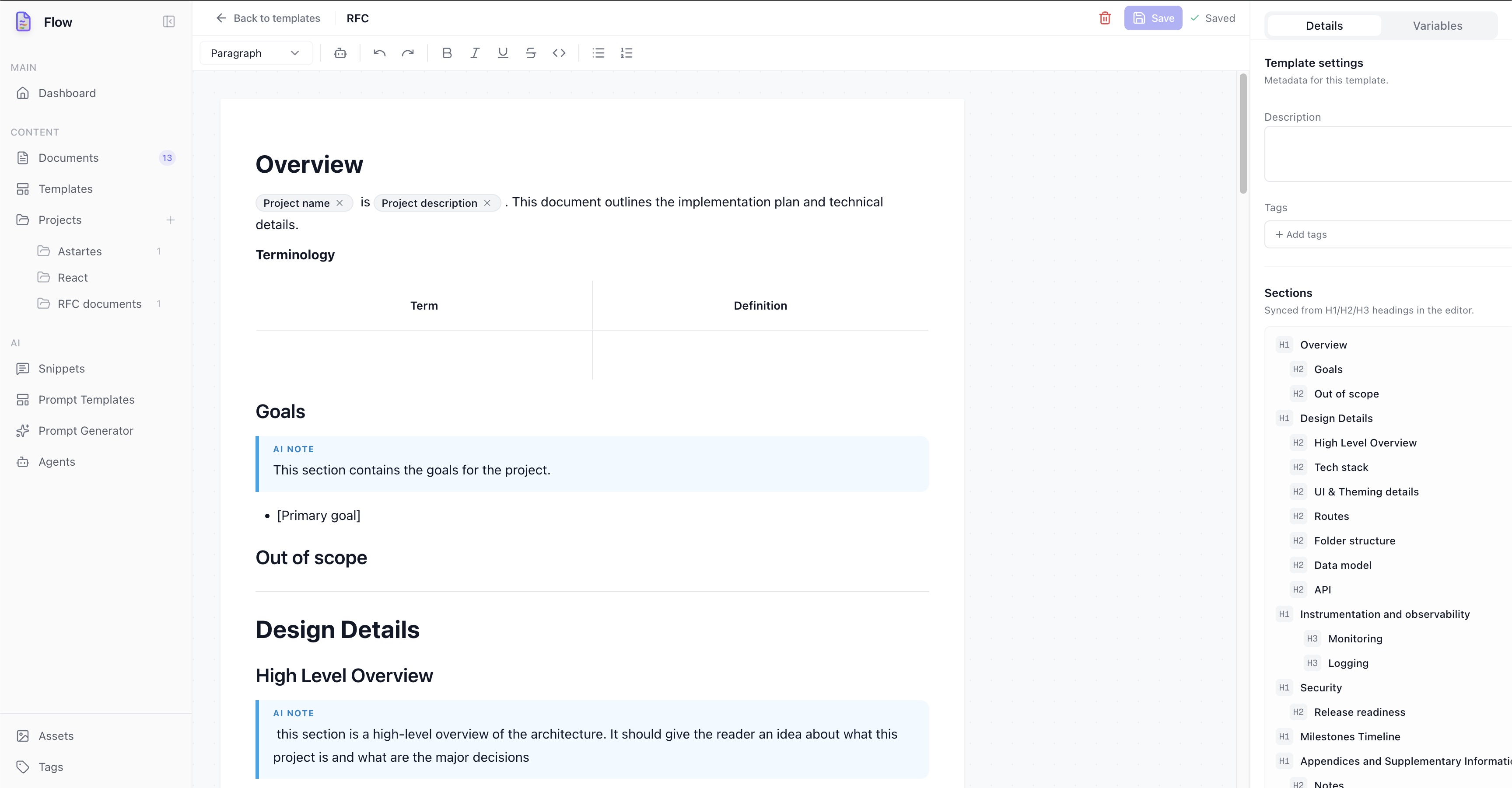 Flow template editor with sections sidebar