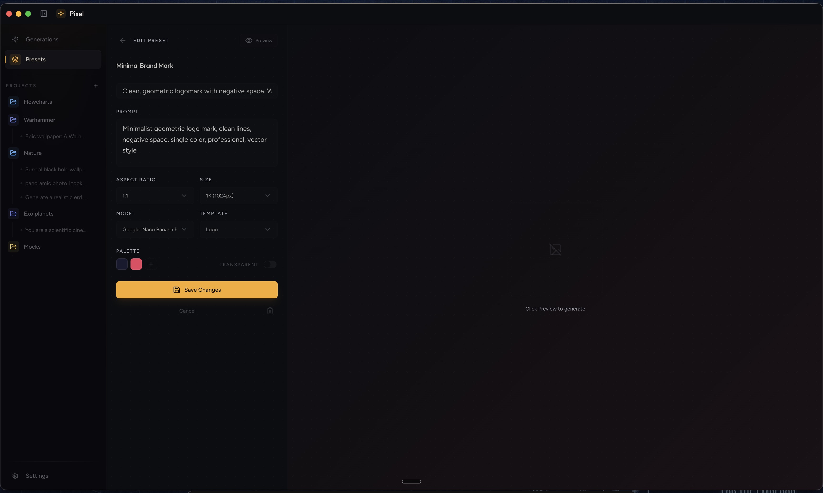 Pixel preset detail view